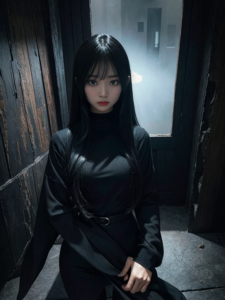 high angle american shoot, ultra-realistic textures, sexy-horror style, a sinister but attractive humanoid puppet, Slim and creepy Sadako Yamamura style from The ring, scary pale grayish face, very long and straight black hair, wearing a shabby outfit with a black miniskirt, black leggings and a thin black sweater very tight ghostly appearance, skin of the face with cracks, in a dark house in the dark foggy night