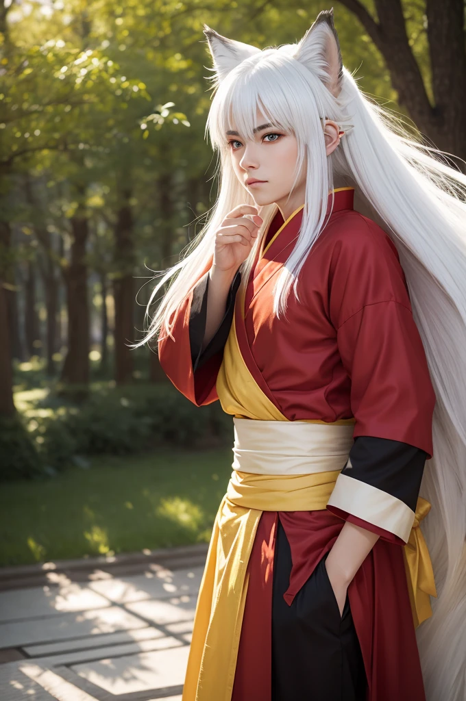 realistic inuyasha, Final Fantasy game style, mascle, wolf's ears, White hair, yellow  eyes, Youngh, Red clothing, Japanese clothing, black eyebrow, best qualityer