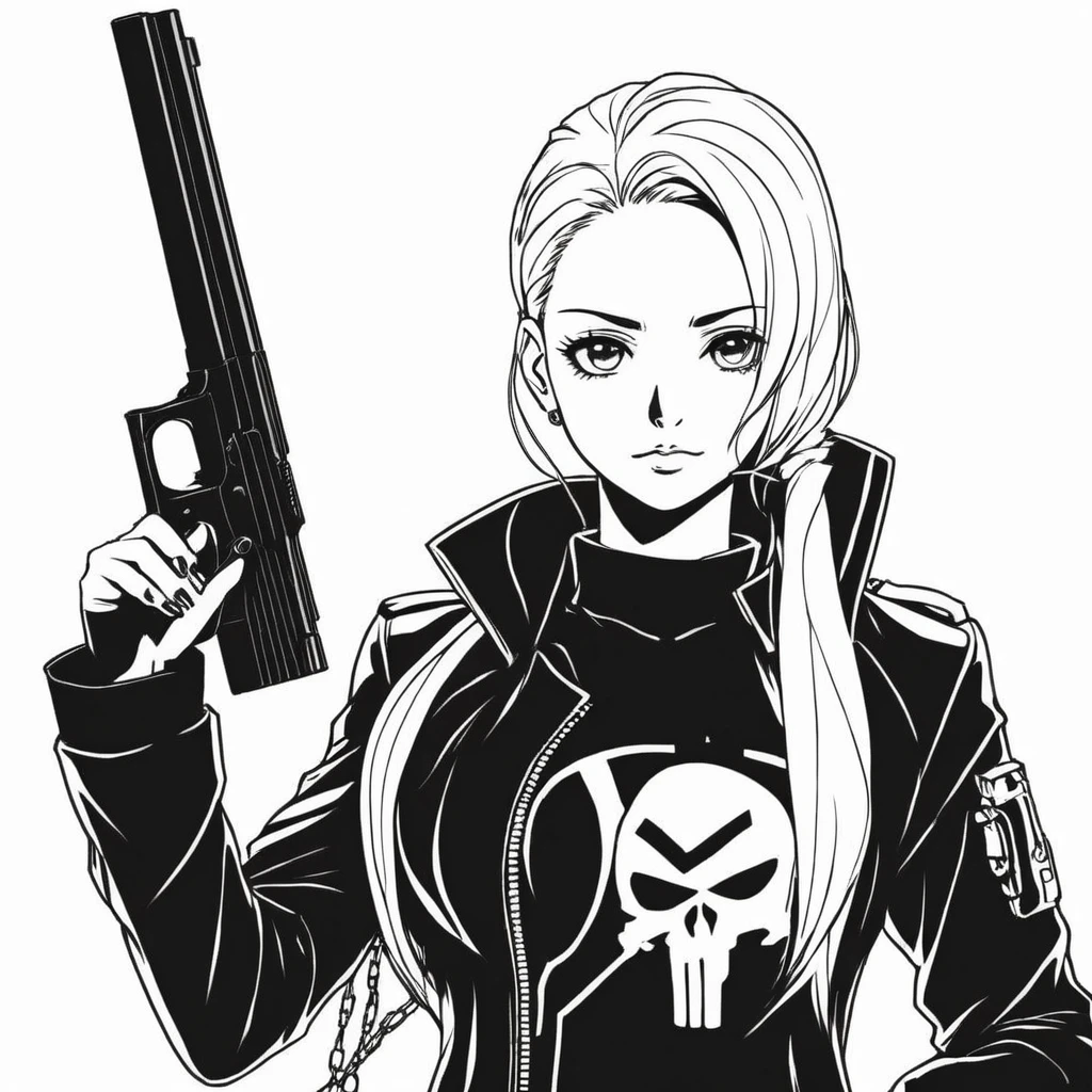 anime artwork of a punisher young woman in a black punisher coat holding one gun anime manga girl style, anime style, key visual, line art , coloring page, studio anime