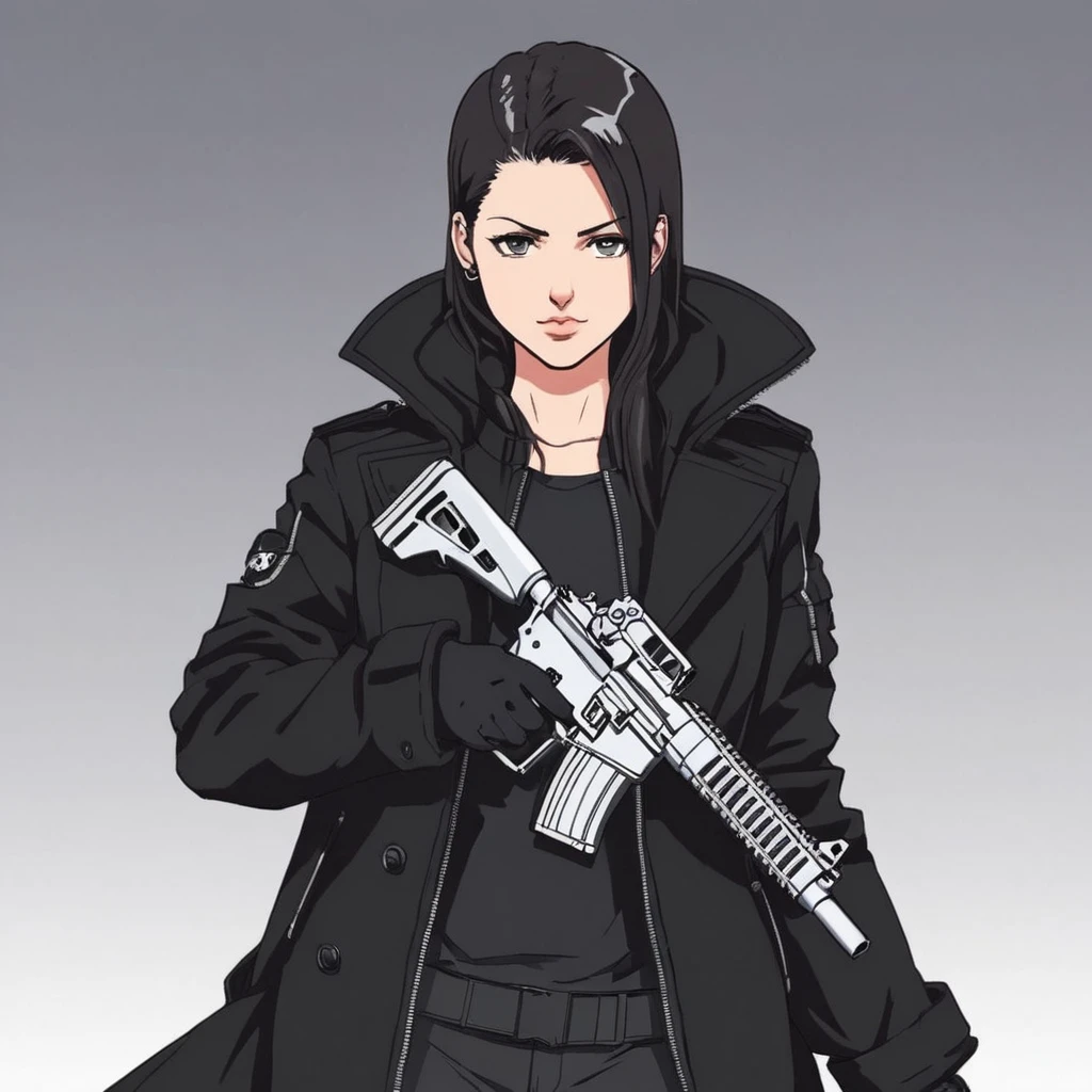 anime artwork of a punisher young woman in a black punisher coat holding one gun anime manga girl style, anime style, key visual, line art , coloring page, studio anime