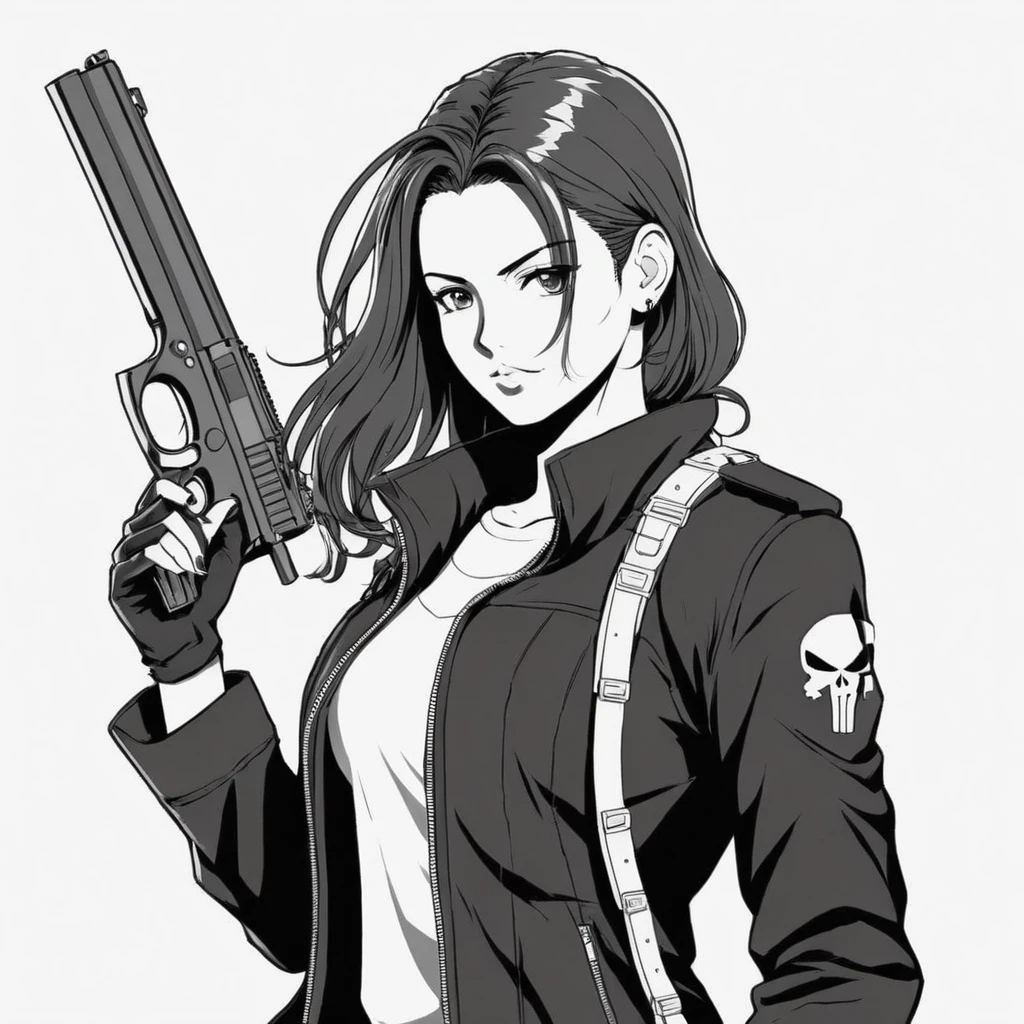 anime artwork of a punisher young woman in a black punisher coat holding one gun anime manga girl style, anime style, key visual, line art , coloring page, studio anime