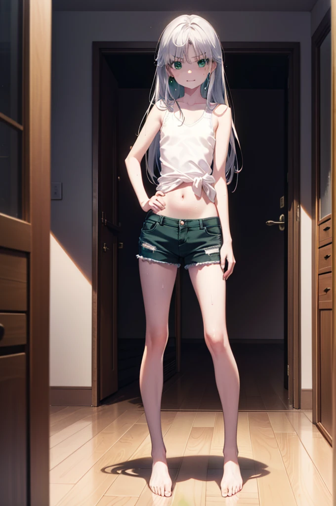 index, index, (Green Eyes:1.5), Silver Hair, Long Hair, (Flat Chest:1.2),smile,Angry,Sweat,Transparent white,Tank top,Belly button,Shorts,barefoot,barefoot,Place your hands on your hips,Standing with your legs apart,
break looking at viewer, whole body,
break indoors, Home,entrance,
break (masterpiece:1.2), Highest quality, High resolution, unity 8k wallpaper, (figure:0.8), (Beautiful attention to detail:1.6), Highly detailed face, Perfect lighting, Highly detailed CG, (Perfect hands, Perfect Anatomy),