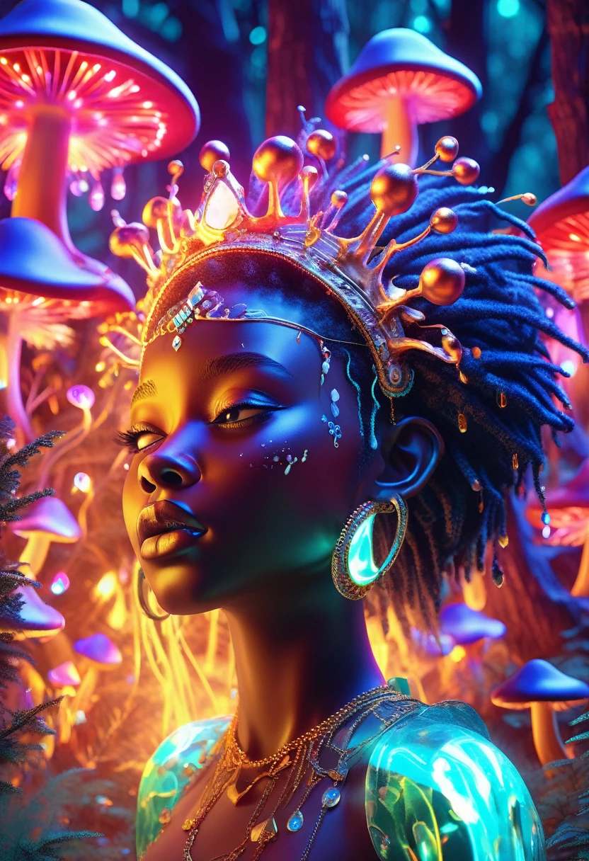 A vibrant 3D render of surrealism art, set against a mystical forest backdrop with glowing neon mushrooms and twinkling fireflies, featuring a bright-eyed young black girl with afro-puffs and colorful dreadlocks, gazing in awe at a stunning mature black woman with luminous skin and ornate golden headdress, admiring her reflection in a mystical mirror surrounded by swirling aurora borealis lights, created using Unreal Engine, Octane Engine, and Vray, with an exaggerated, dreamlike quality reminiscent of Pixar animation, and a ring light that accentuates the warm, vibrant colors of turquoise, emerald green, and amber that pop against the rich, velvety darkness of the forest.