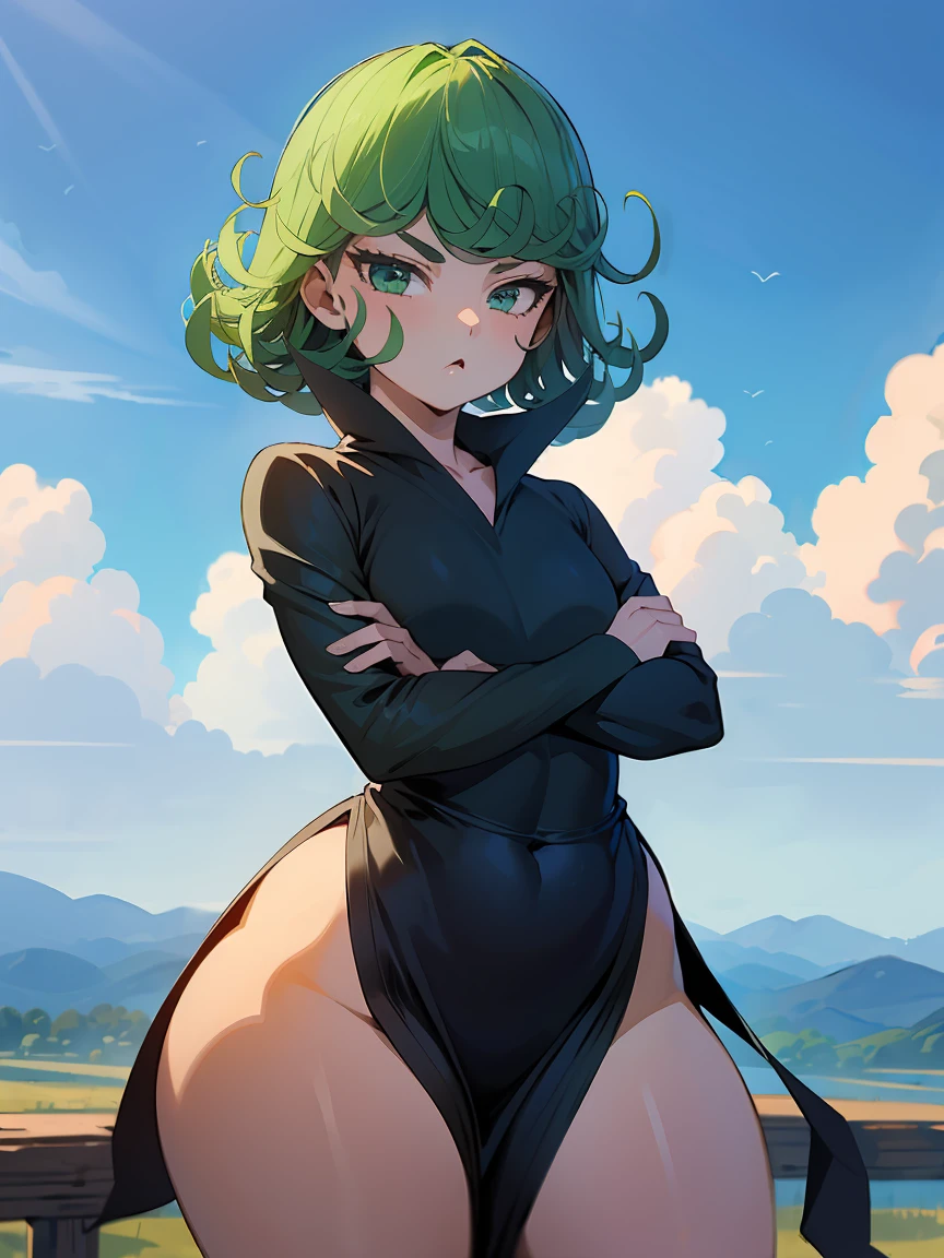 (masterpiece, Best quality: 1.2), cowboy shot, One, 1 girl, Tatsumaki, wicked, mouth closed, Looking at the viewer, crossed arms, black dress, blue sky, clouds, wide hip, thick thighs, Specific organ, big booty, white panties.