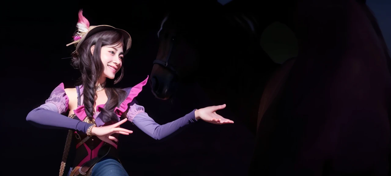 (best quality,8k,realistic,ultra-detailed) A girl wearing a cowgirl outfit and a cowboy hat, riding on a realistic horse while looking at the viewer with a beautiful smile. Vibrant colors and sharp focus capture the scene, bringing it to life. The girl's eyes sparkle with exquisite detail, complemented by her captivating lips. The horse's majestic presence adds depth to the composition. The overall atmosphere is reminiscent of a Western landscape, with a hint of adventure and freedom. The light softly illuminates the girl's face, creating a warm and inviting ambiance. It's a masterpiece that combines the charm of a cowgirl's spirit with the power and elegance of a horse.