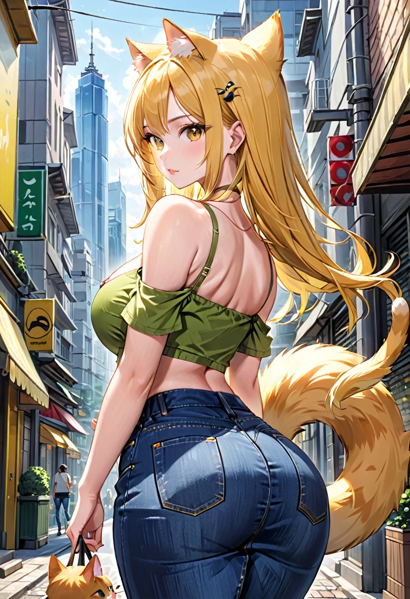 (( straight face picture )) ((best quality)), ((Masterpiece)), (details), Young woman ,cat ears ,yellow hair , according to green ,Yellow open-shoulder shirt outfit , jeans skirt , has a tail, big breasts,Big butt ,city