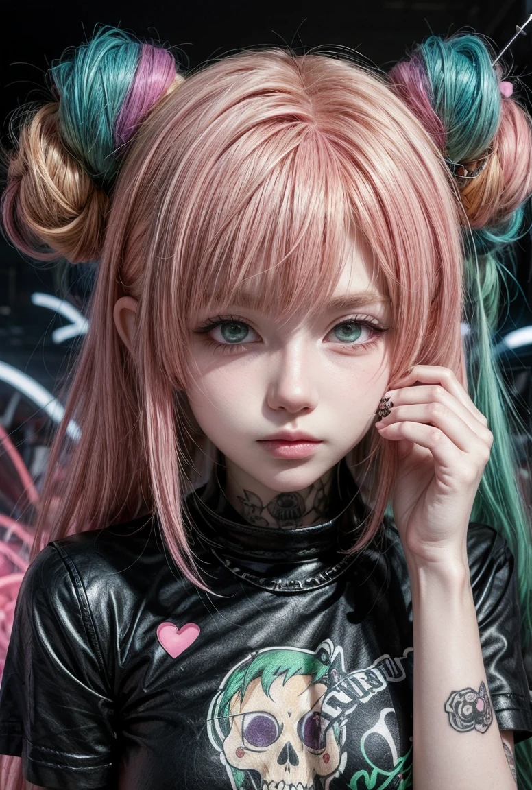 anime style cartoon cute punk girl with a bandaid on her nose and tattoos, holding a needle in hand, covered in skull stickers, with a dark pink, purple and green color scheme, glitchcore, cyberpunk, in the style of anime background
