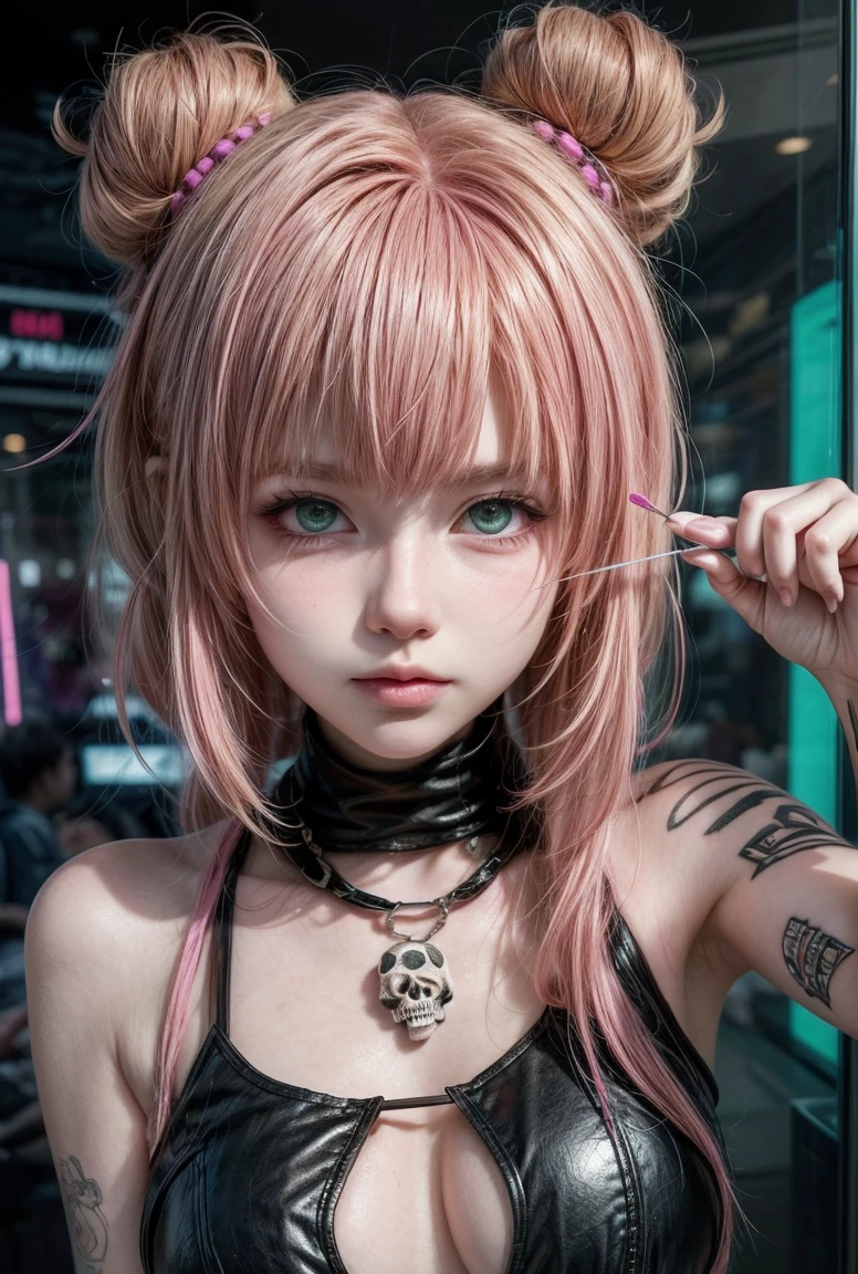 anime style cartoon cute punk girl with a bandaid on her nose and tattoos, holding a needle in hand, covered in skull stickers, with a dark pink, purple and green color scheme, glitchcore, cyberpunk, in the style of anime background

