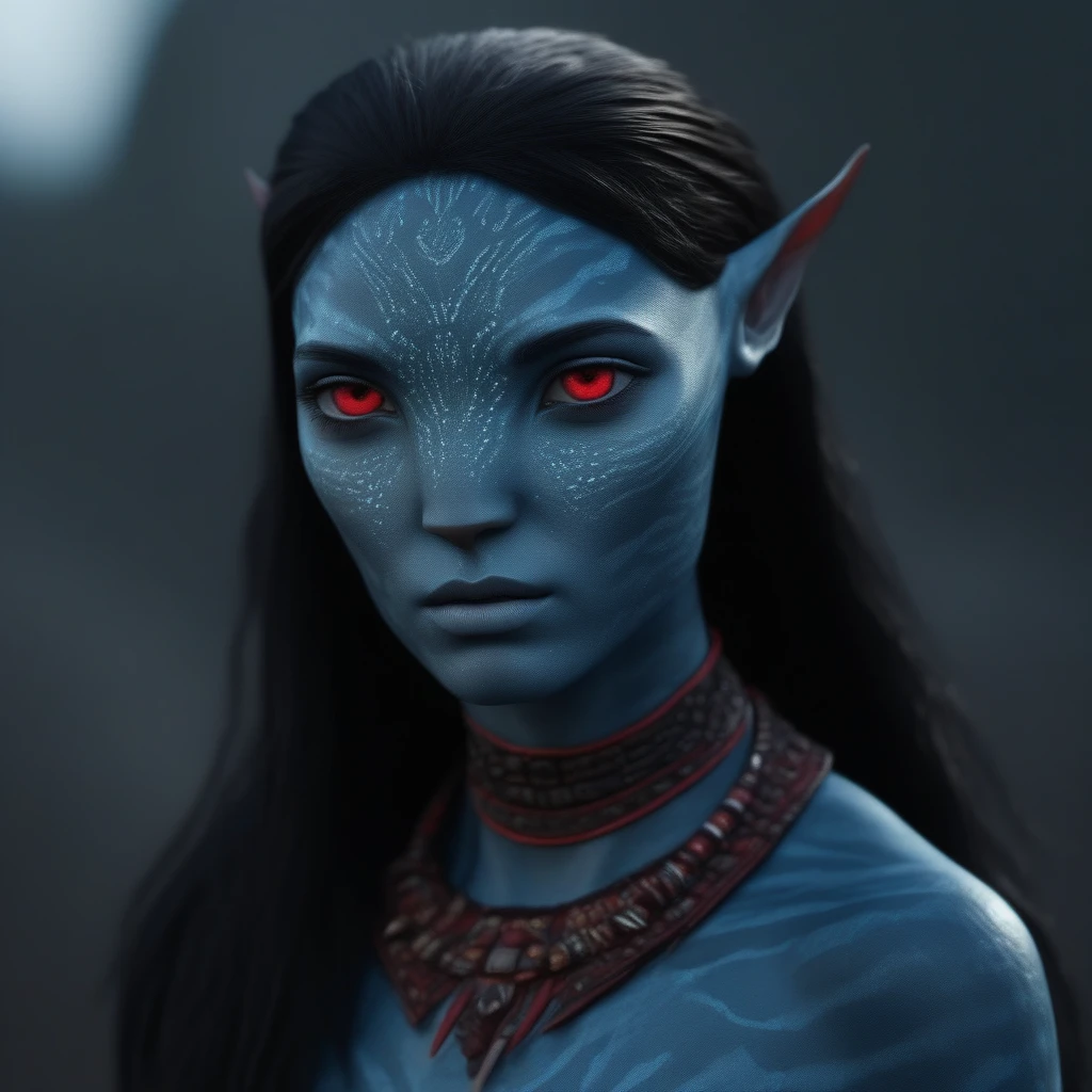 (face portrait), na'vi, female, (red eyes), ((big detailed alien eyes)), ((eyebrowless)), pointy ears, (gray skin tone), (straight hair), black hair color, ((short hair)), (hair with bangs), (young adult), 18 years old, face wrinkles, ((wearing tribal clothing with bones)), (wearing tribal acessories), detailed eyes, dragon scales stripes all over skin, toned body, muscled body, ethereal atmosphere, surrealistic dreamy lighting, textured skin, otherworldly beauty, mesmerizing photography, (best quality, highres), vivid colors, ultrarealistic, skin details, sfw, face close-up,ultradetailed body, (blueish grey skin), dark background, vulcanic lands background