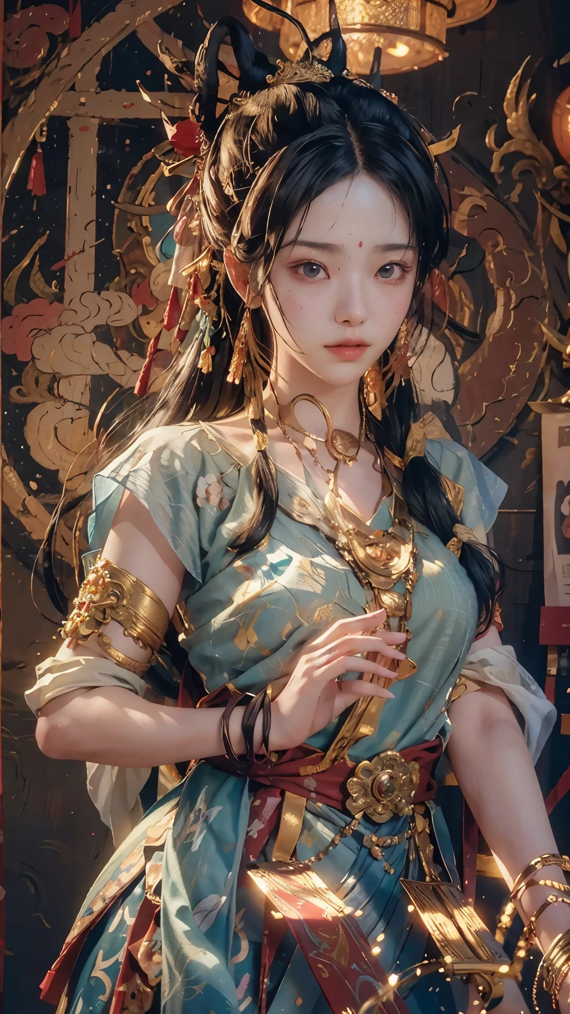 (RAW Photos, Highest quality), (Realistic, photo-Realistic:1.3),Highest quality,Very detailed,masterpiece,Super detailed,figure,One girl,upper_body,Dynamic Angle,world masterpiece theater,Messy_length_hair,Highest quality,Very detailed CG ユニティ 8k 壁紙,ink,wonderful,Cinema Lighting,lens_Flare, Dunhuang_style