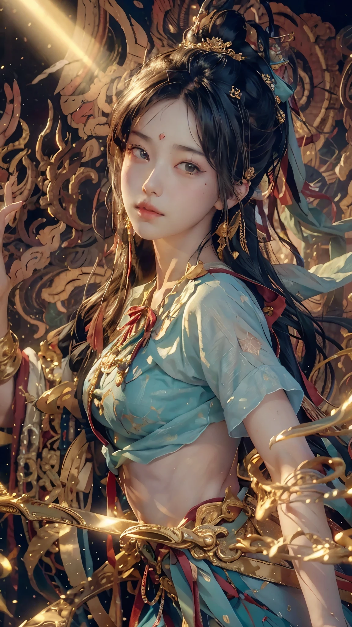 (RAW Photos, Highest quality), (Realistic, photo-Realistic:1.3),Highest quality,Very detailed,masterpiece,Super detailed,figure,One girl,upper_body,Dynamic Angle,world masterpiece theater,Messy_length_hair,Highest quality,Very detailed CG ユニティ 8k 壁紙,ink,wonderful,Cinema Lighting,lens_Flare, Dunhuang_style