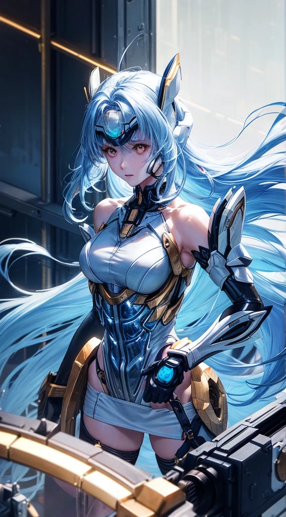 top-quality、​masterpiece、超A high resolution、(Photorealsitic:1.4)、女の子1人、Light blue hair、Straight hair, shiny and clean hair、White shiny skin、Sexy Cyberpunk Girl、((super realistic details))、Shadow、octan render、ultrasharp、hyperdetailed face、Fiberglass、Luminous tube、highly intricate detail、Realistic light、CGSoation Trends、((Golden Eyes))、(Facing the camera)、neon detailechanical limbechanical vertebrae attached to the back、mechanical cervical attaching to neck、Wires and cables connecting to the head、((valkyrie))、((Beam Cannon))、Combat stance