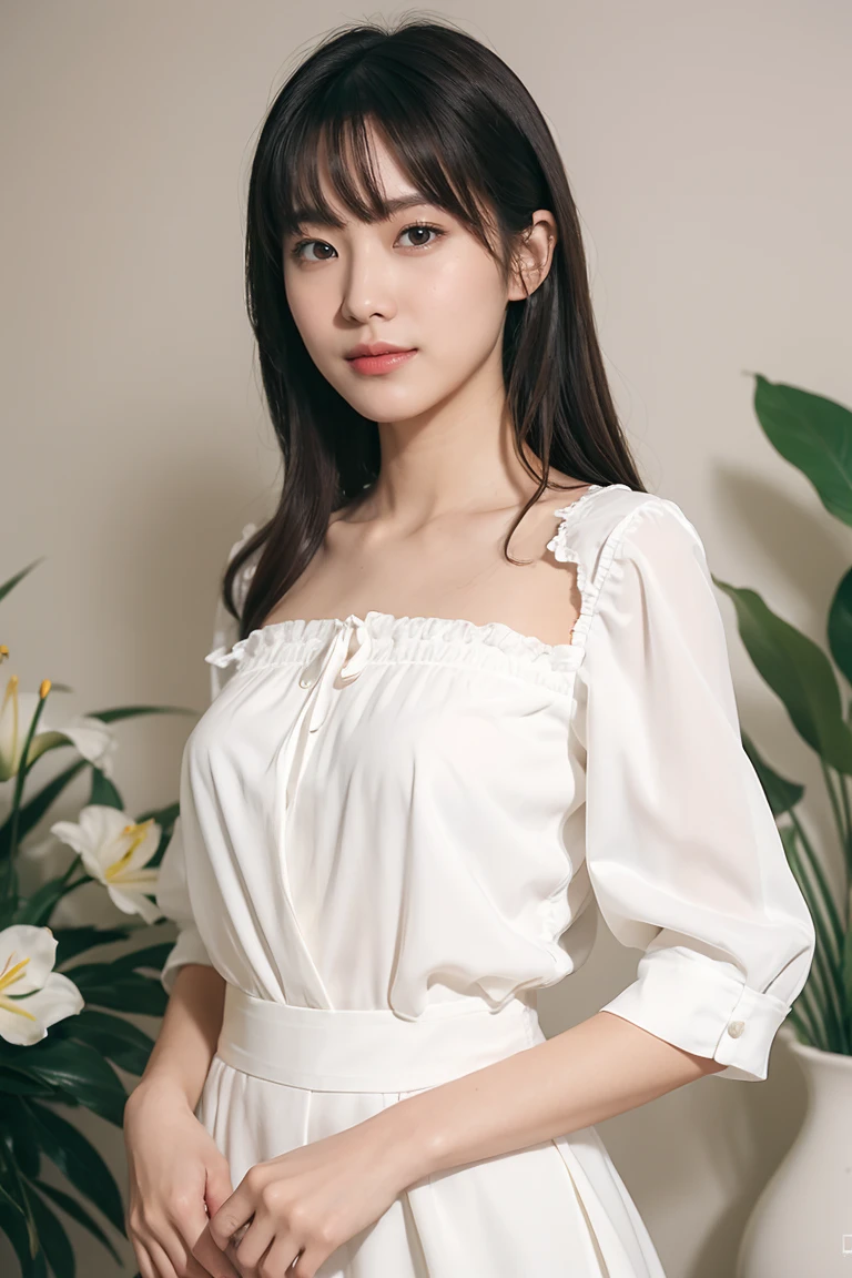 Medium Size Display, Medium Shot, Written boundary depth, bust, Upper Body, Movie angle, masterpiece, Highest quality, Very detailed, CG, 8k wallpaper, Beautiful Face, Delicate eyes, Otome, alone, smile, bangs, skirt, Formal blouse, Bouquet of lilies