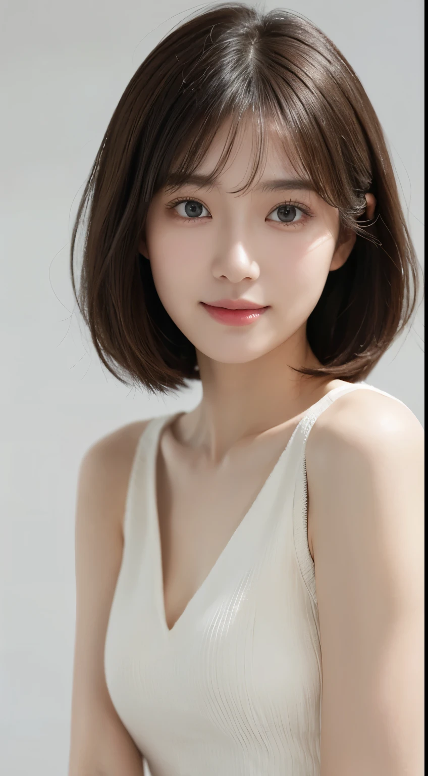 masterpiece, 1 beautiful girl, Delicate eyes, beautiful eyes, quality, 超high resolution, (Practical: 1.4), RAW photos, 1 beautiful girl, light,Asian Beauty, South Korea, very beautiful, Beautiful Skin, Slim, Body facing forward, (Hyper-photorealism), (high resolution), (Eight thousand), (Very detailed), (Best Illustration), (美丽Delicate eyes), (Ultra Detailed), Detailed face, Looking at the audience,Smile, Look straight ahead, Neat clothes, sleeveless,Short and delicate hair,Dark brown hair,Side bangs,White background,Tidy room,