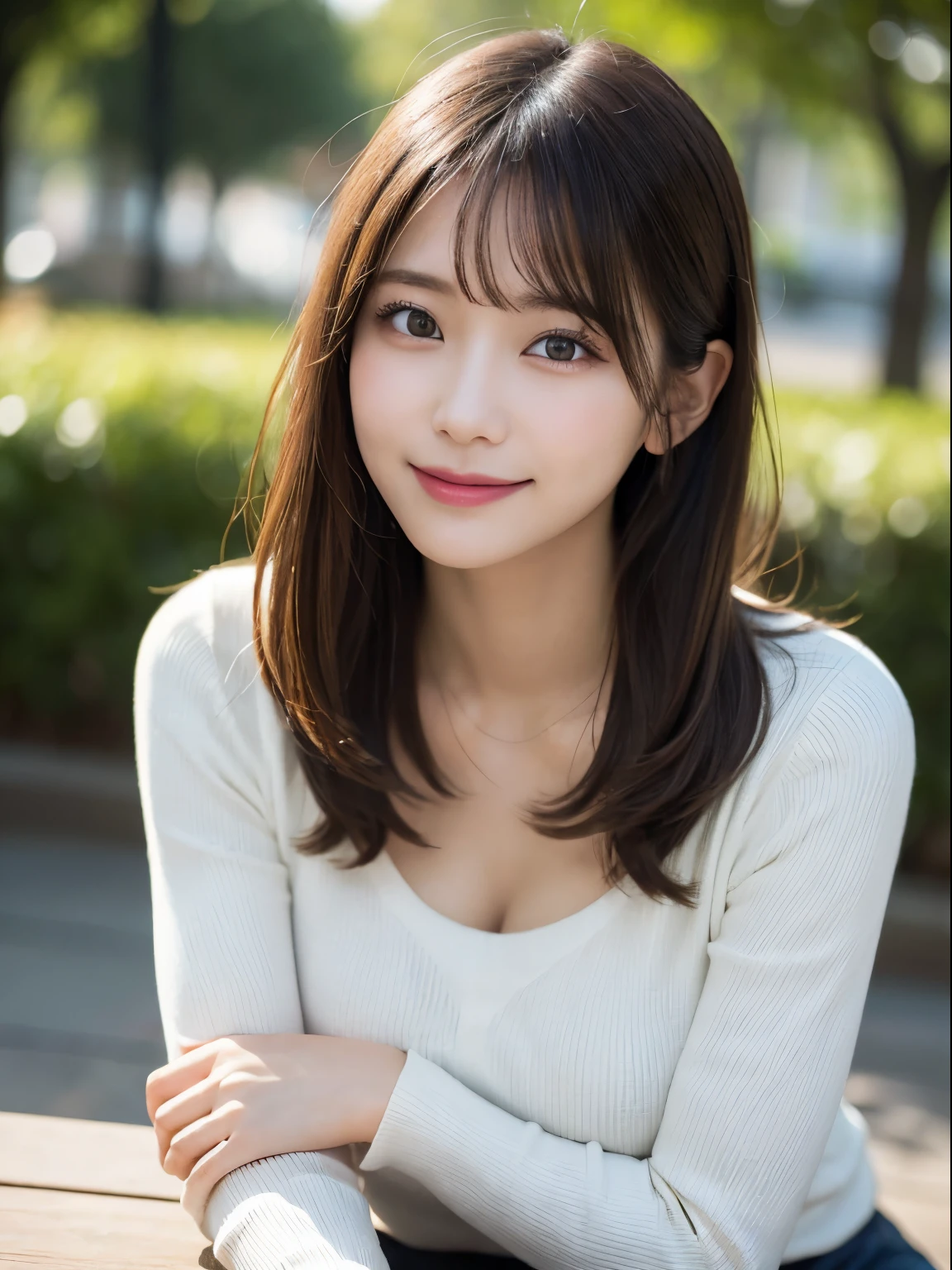 On the table, Highest quality, realism, Fine details, High resolution, 8k wallpaper, Perfect dynamic composition, Beautiful and delicate eyes, Medium Straight Hair, Casual and sexy pose,Random Situation、Light black tight knit sweater、(Beautiful breasts overflowing 1.3)、Bright smile、Bokeh、nature、Age 25、(Droopy Eyes 1.3)、Adult Beauty、Japanese