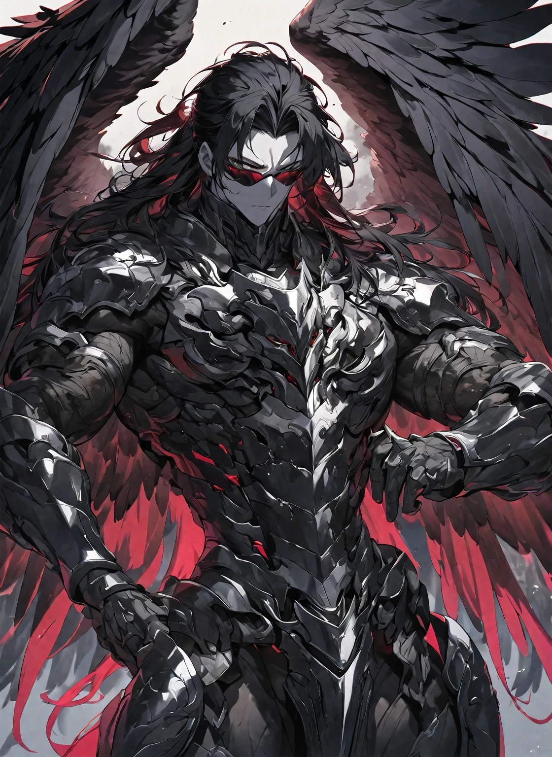 Best quality, One, beautiful, 1 man, tall man, with a sporty body, V-shaped body, wide shoulders, black detailed armor with bright white details, 15 black feathered wings, long hair, Black hair covered with dirt and Charcoals, neon white pupils (white eyes), against the background Black miasma with shades of red