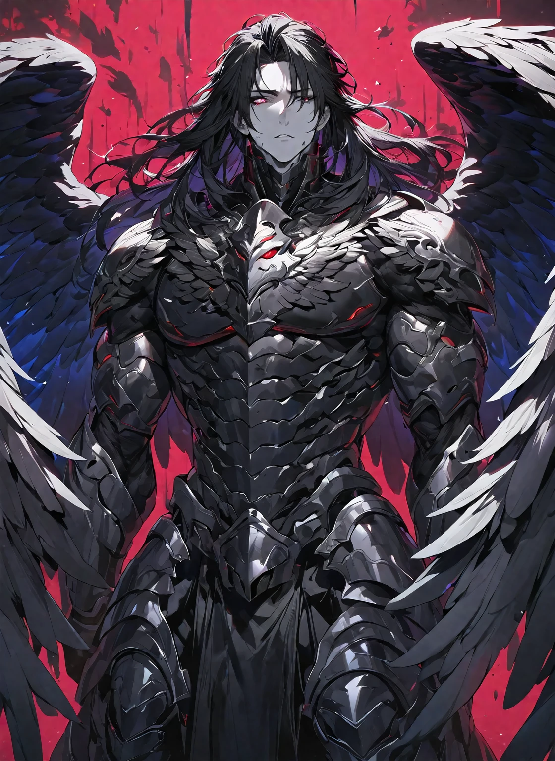 Best quality, One, beautiful, 1 man, tall man, with a sporty body, V-shaped body, wide shoulders, black detailed armor with bright white details, 15 black feathered wings, long hair, Black hair covered with dirt and Charcoals, neon white pupils (white eyes), against the background Black miasma with shades of red