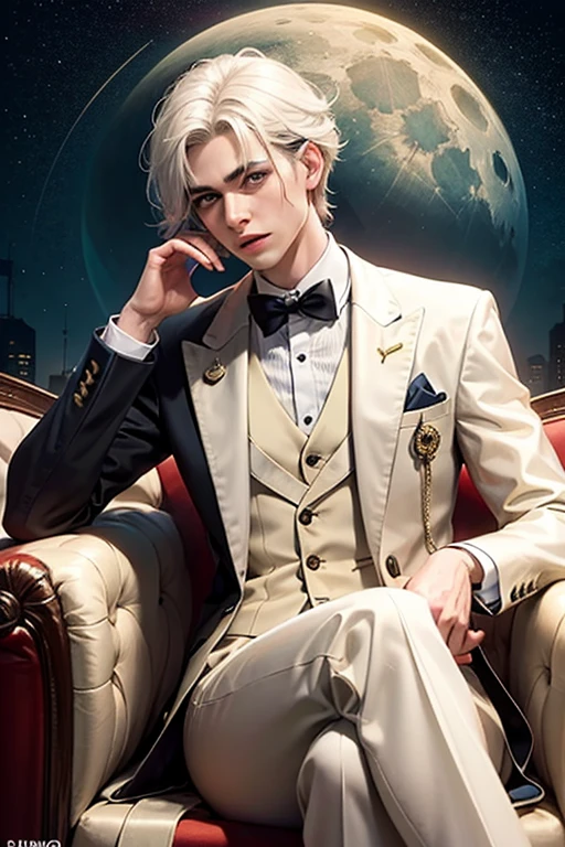 An attractive young man with a , quite tall with white hair and white and slightly pink skin, a fringe that completely covers her face, a yellow bow, In his completely white suit you can only see his mouth and nose, his hair is straight and in the background the young man appears lying on the moon, small in comparison to him., with a lot of stars with a side illustration and a very great quality in the image.