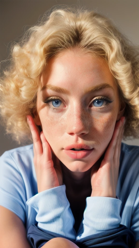 Top-down view of 1 albino woman with freckles, extremely thin and sensual, blonde ((curly)) hair slightly messy (over the eyes), with large and highly detailed light blue eyes, large and curved eyelashes, making a sensual pout with the mouth, extremely beautiful, of exuberant beauty, perfect symmetry, perfect body, detailed skin with quality and depth, she is wearing an oversized navy blue baltimore rinno force football shirt, ultra-realistic image, perfect symmetry, vibrant and clear, dynamic vision, high level of detail and definition, 1200 PPI – Photographic resolution with greater central realism, hyper-realistic and high-fidelity cinematic 4K UHD image resolution.