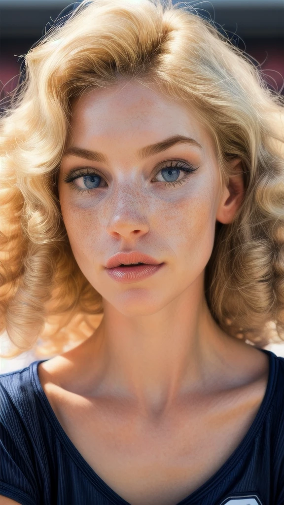 Top-down view of 1 albino woman with freckles, extremely thin and sensual, blonde ((curly)) hair slightly messy (over the eyes), with large and highly detailed light blue eyes, large and curved eyelashes, making a sensual pout with the mouth, extremely beautiful, of exuberant beauty, perfect symmetry, perfect body, detailed skin with quality and depth, she is wearing an oversized navy blue baltimore rinno force football shirt, ultra-realistic image, perfect symmetry, vibrant and clear, dynamic vision, high level of detail and definition, 1200 PPI – Photographic resolution with greater central realism, hyper-realistic and high-fidelity cinematic 4K UHD image resolution.