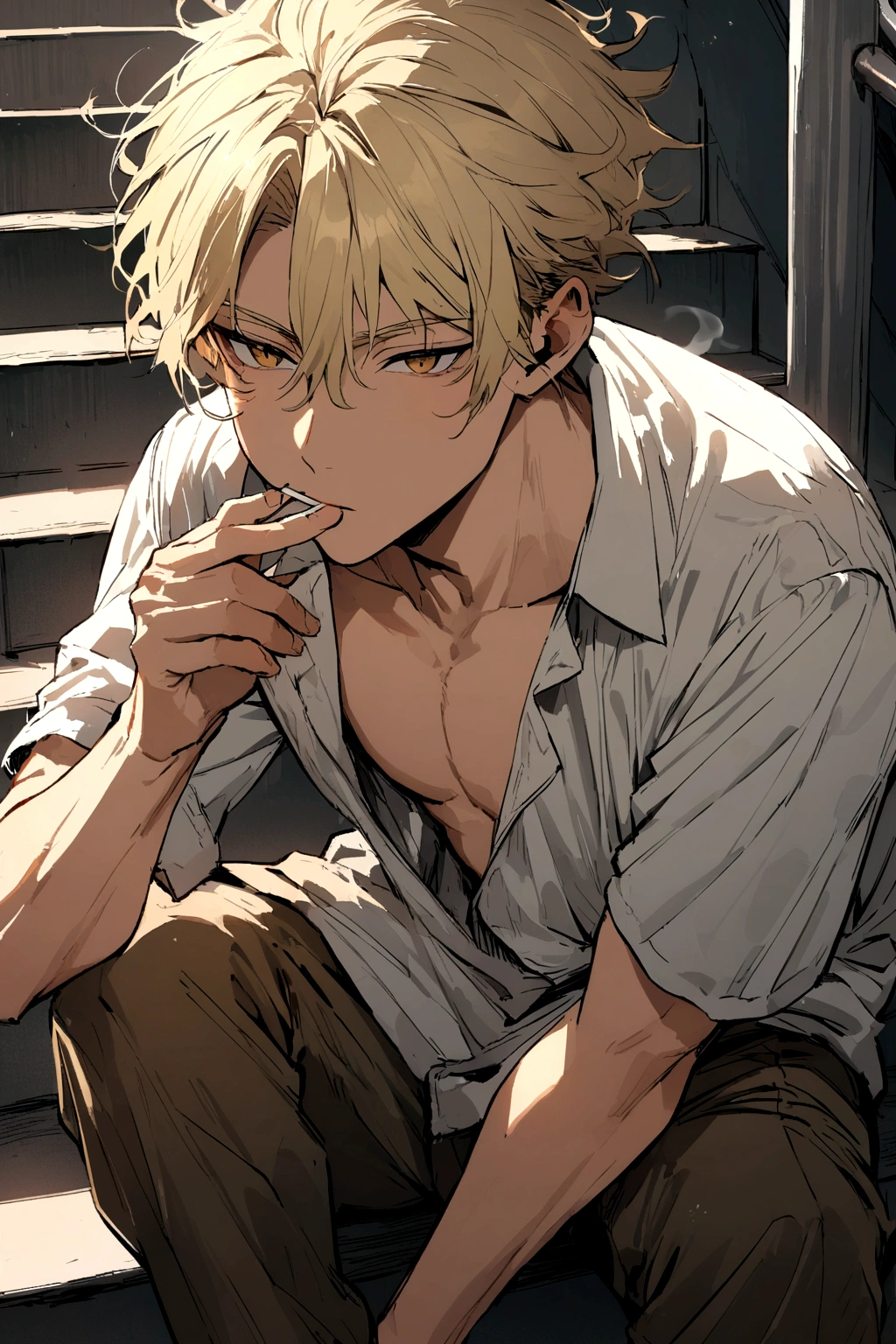 Handsome light skinned Asian blonde haired boy wearing a ragged school shirt and pants while sitting on the school stairs smoking