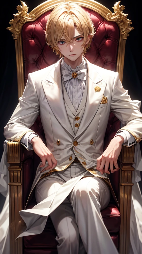 With short golden hair,The hair is on the back,Eyes jewel colored,There is still hatred in his eyes,Wearing a white suit is very elegant,The boy sitting on the throne, covered in blood and full of hatred