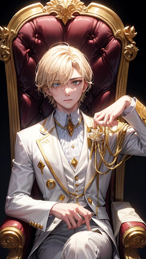 With short golden hair，The hair is on the back，Eyes jewel colored，There is still hatred in his eyes，Wearing a white suit is very elegant，The boy sitting on the throne, covered in blood and full of hatred