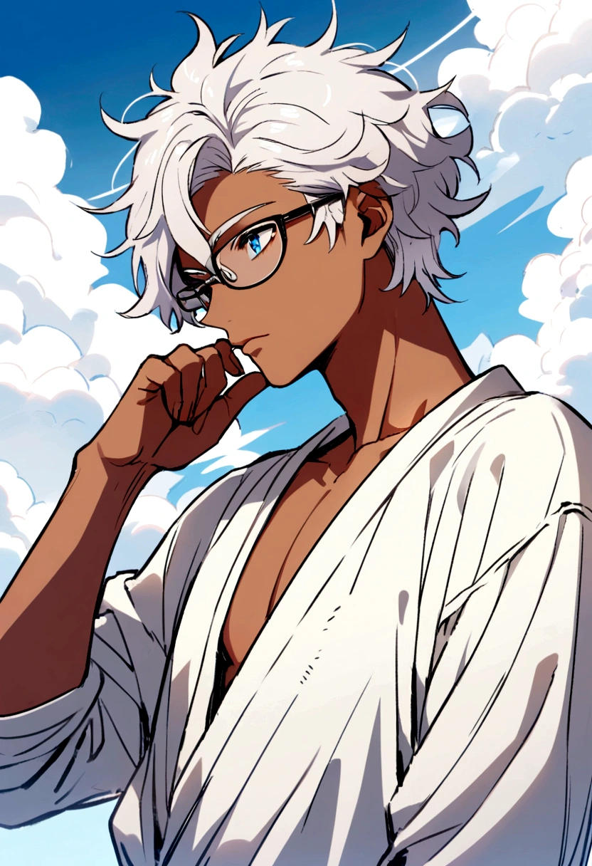 Male, young, white hair, short hair, messy hair, tan skin colour, sky blue eyes, glasses, divine