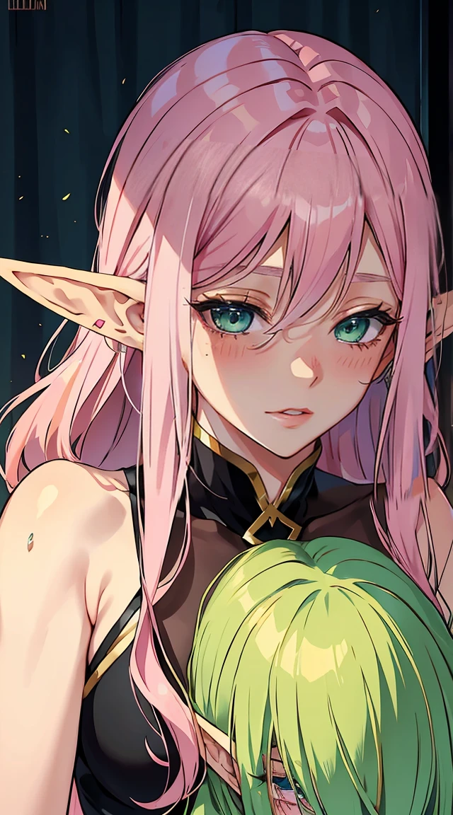 handsome older WOMAN WITH LONG PINK HAIR MAKING OUT WITH A BLONDE HAIR GREEN EYED ELF MAN, BLUSHING