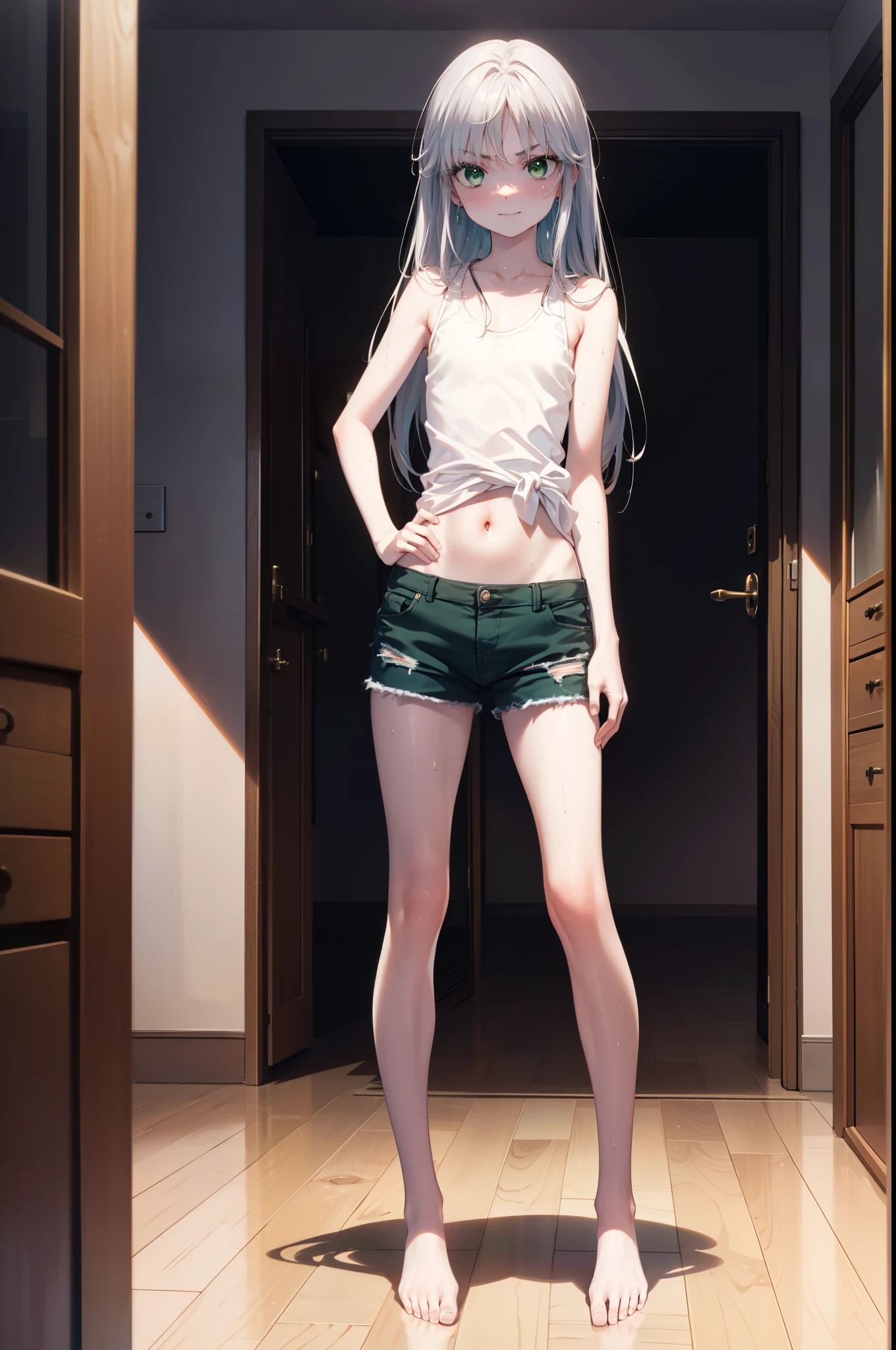 index, index, (Green Eyes:1.5), Silver Hair, Long Hair, (Flat Chest:1.2),smile,Angry,Sweat,Transparent white,Tank top,Belly button,Shorts,barefoot,barefoot,Place your hands on your hips,Standing with your legs apart,
break looking at viewer, whole body,
break indoors, Home,entrance,
break (masterpiece:1.2), Highest quality, High resolution, unity 8k wallpaper, (figure:0.8), (Beautiful attention to detail:1.6), Highly detailed face, Perfect lighting, Highly detailed CG, (Perfect hands, Perfect Anatomy),