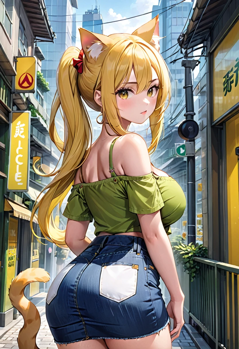 (( straight face picture )) ((best quality)), ((Masterpiece)), (details), Young woman ,cat ears ,yellow hair , according to green ,Yellow open-shoulder shirt outfit , jeans skirt , has a tail, big breasts,Big butt, Look straight. ,city