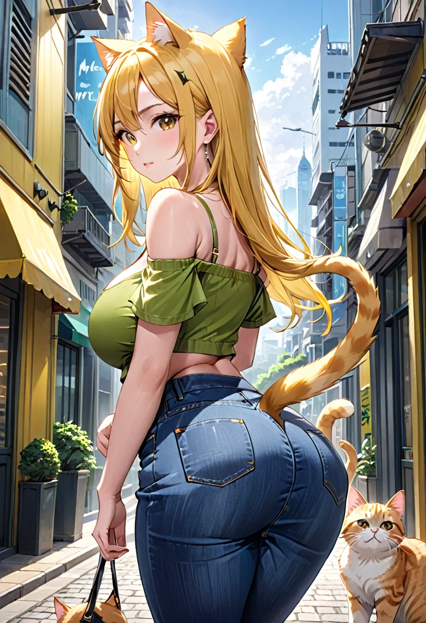 (( straight face picture )) ((best quality)), ((Masterpiece)), (details), Young woman ,cat ears ,yellow hair , according to green ,Yellow open-shoulder shirt outfit , jeans skirt , has a tail, big breasts,Big butt, Look straight. ,city