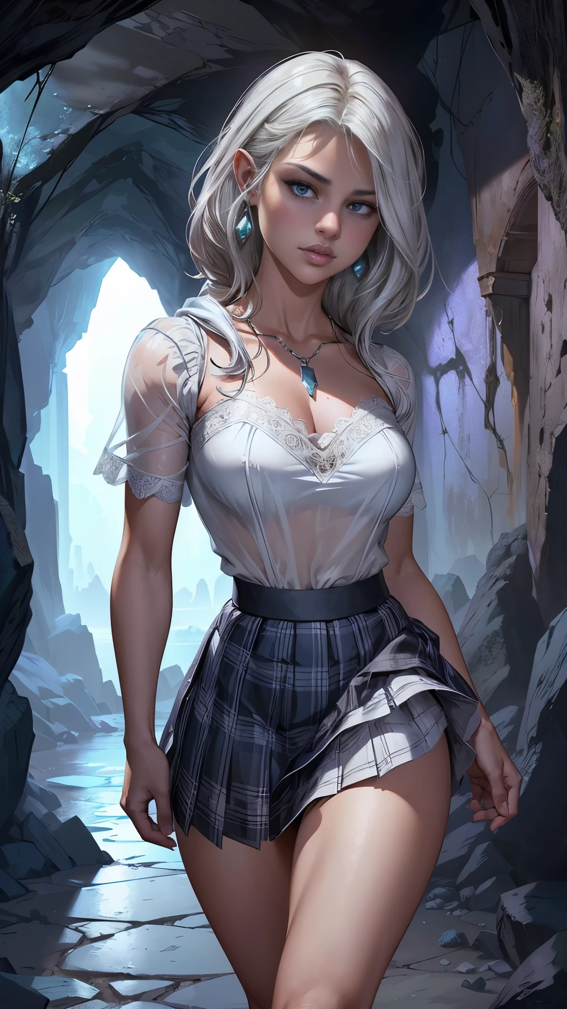 (La Best Quality,A high resolution,ultra-detailed,actual),Selena Gomez con falda corta de cuadros blanca shein , and a white plaid crop top , ,(Hallway background of a high school :1.4 ),(White gray hair :1.4), 8K more detailed.unreal engine:1.4,UHD,La Best Quality:1.4, photorealistic:1.4, skin texture:1.4, Masterpiece:1.8,first job, Best Quality,object object], (detailed facial features:1.3),(The correct proportions),(beautiful blue eyes),  (cowboy pose),( Selena Gomez :1.4), (shein white plaid short skirt :1.4), Estilo de epic fantasy art HD, 4K fantasy art, epic fantasy digital art style, epic fantasy art style, fantasy woman, epic fantasy art portrait, epic fantasy style, hyperrealistic fantasy art, fantasy art in high definition, Epic fantasy character art., epic fantasy art, in dark fantasy art style, epic fantasy digital art, (perfect anatomy :1.4), (student  style :1.4), (background large wild plants hallway school :1.4), (white transparent lace style :1.4), (background big stones cave cavern lava school hallway :1.4), (fantasy spooky enchanted forest night :1.4), (cowboy pose), (skirt lifted by itself: 1.1), (skirt lift: 1.3), (showing white panties: 1.3),( face detailed Selena Gómez :1.4), (mostrando panties :1.4) 