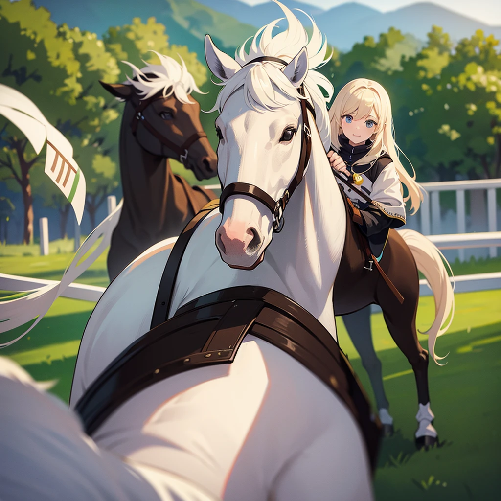 (First person view on a white horse.), BREAK The horse&#39;s mane is braided into a double tail., perfect twin tail, BREAK detailed and realistic mane textures, Shining with transparent rainbow colors, BREAK A beautiful double-tailed mane blows in the breeze., high contrast, 