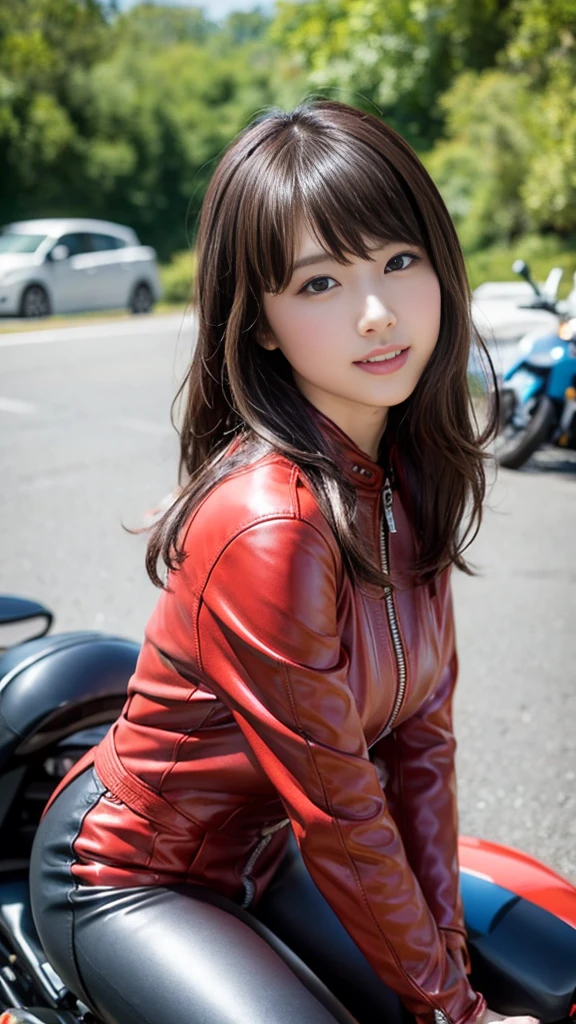 Close-up of a cute Japanese girl riding a motorcycle、Leather jumpsuit、Big bike with sidecar、