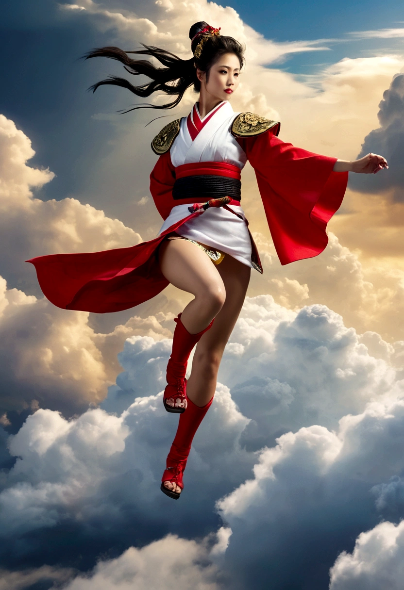 two samurai warrior women flying above the clouds., white samurai woman, and the other is a red samurai woman, saling menatap, dramatic effect, rotating camera view