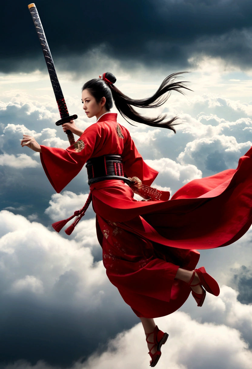 two samurai warrior women flying above the clouds., white samurai woman, and the other is a red samurai woman, saling menatap, dramatic effect, rotating camera view