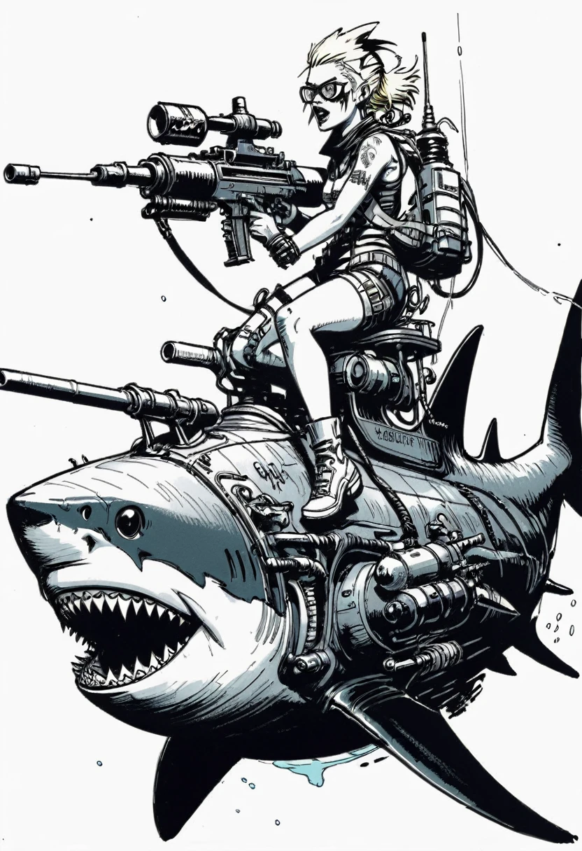 illustate (jamie hewlett style) tank girl, riding a shark submarine, sketch, unfinished, expressive ink bold line style, cinematic, splash page, wearing deep sea submersion suit, submarine shark sense of movement and energy