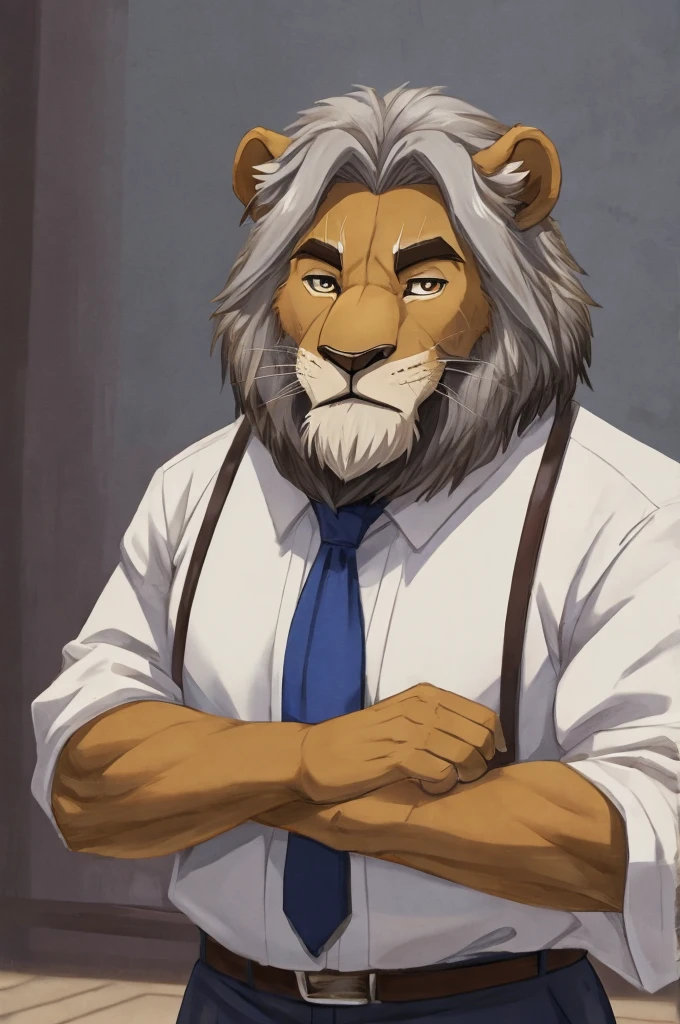 An old lion, 60 years old, brown fur, gray mane, character sensei clothes.