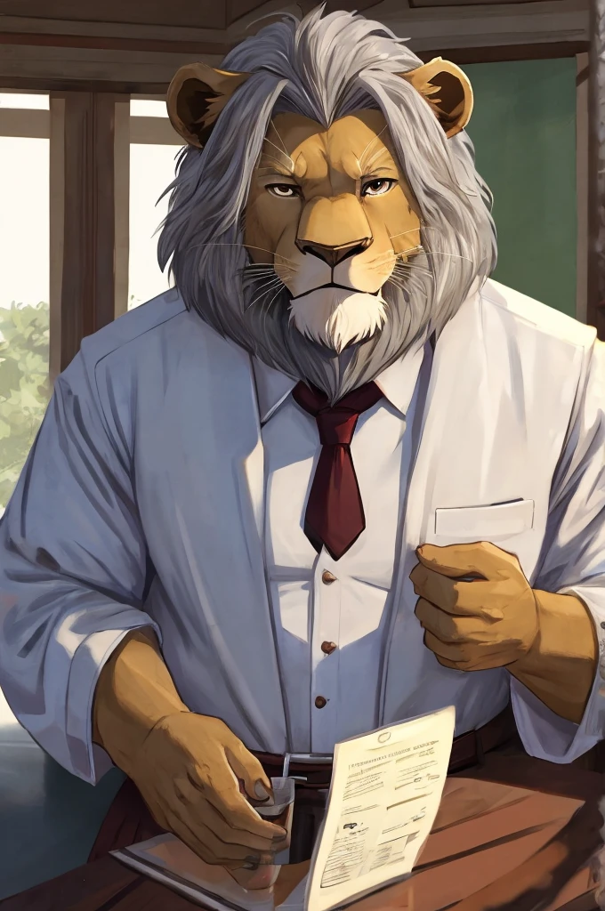 An old lion, 60 years old, brown fur, gray mane, character sensei clothes.