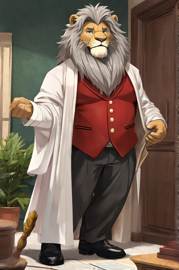 An old lion, 60 years old, brown fur, gray mane, character sensei clothes.