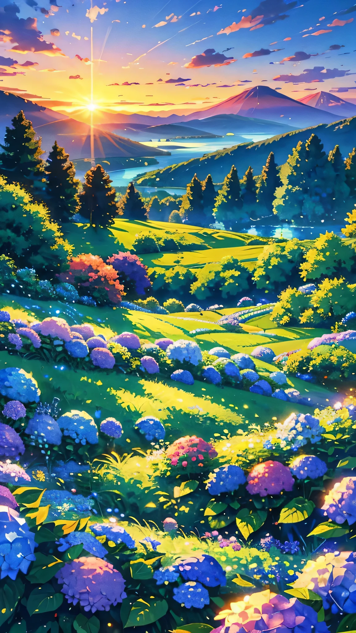 masterpiece,best quality, hydrangea flower field,depth of field, dawn,blue sky, sunrise,glow,lake summer time, green leaves , mountain ((tileset))