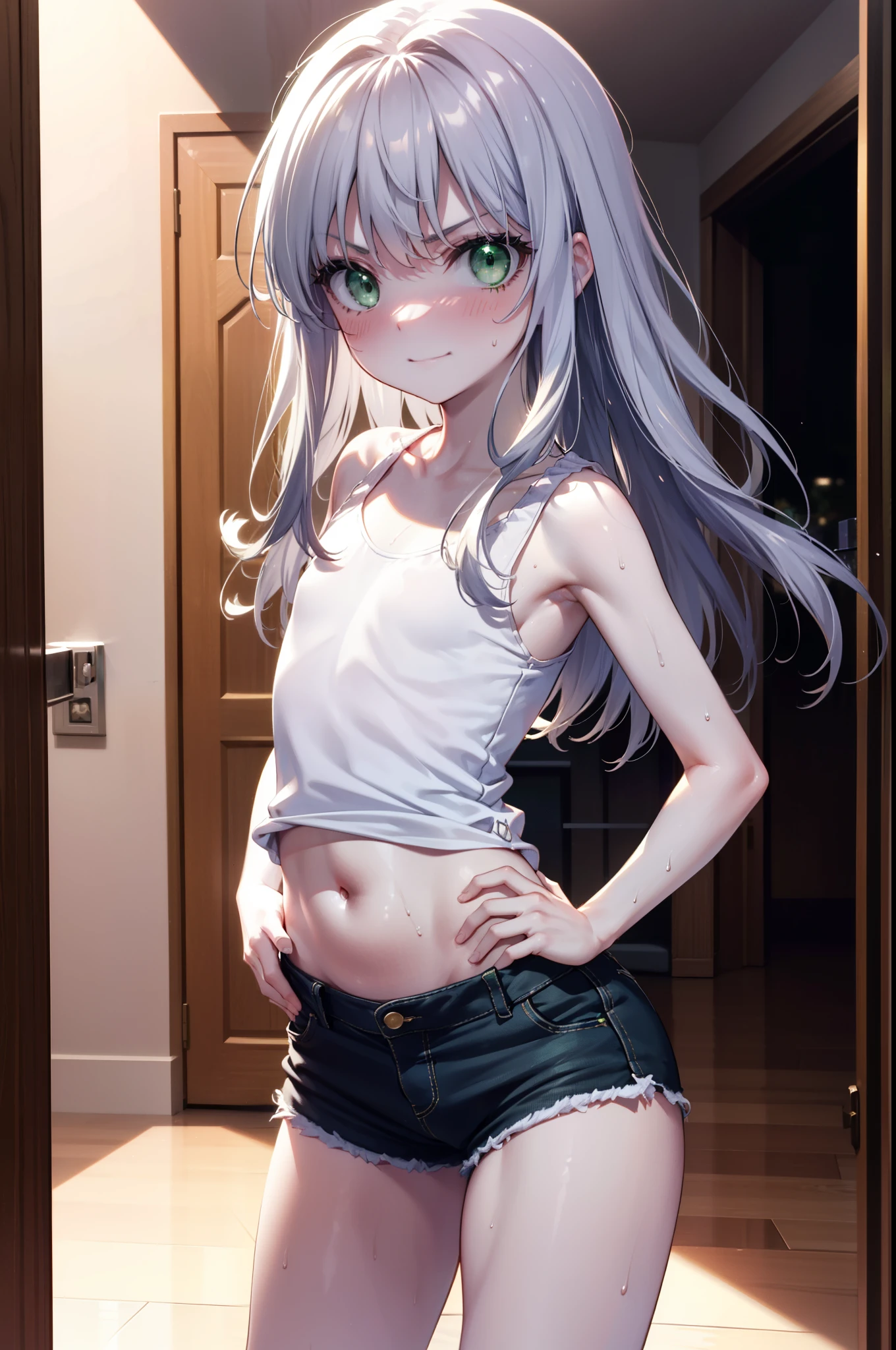 index, index, (Green Eyes:1.5), Silver Hair, Long Hair, (Flat Chest:1.2),smile,Angry,Sweat,Transparent white,Tank top,Belly button,Shorts,barefoot,barefoot,Place your hands on your hips,Standing with your legs apart,
break looking at viewer, whole body,
break indoors, Home,entrance,
break (masterpiece:1.2), Highest quality, High resolution, unity 8k wallpaper, (figure:0.8), (Beautiful attention to detail:1.6), Highly detailed face, Perfect lighting, Highly detailed CG, (Perfect hands, Perfect Anatomy),