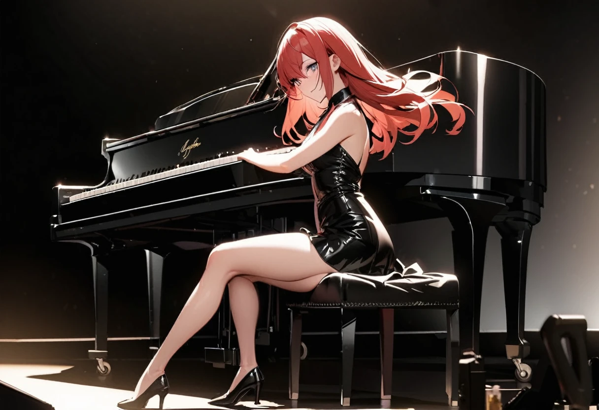 professional photograph, concert, highly detailed face, gorgeous redhead pianist on stage, short sexy dress, gorgeous legs, pitch black background, spotlight shining on the pianist