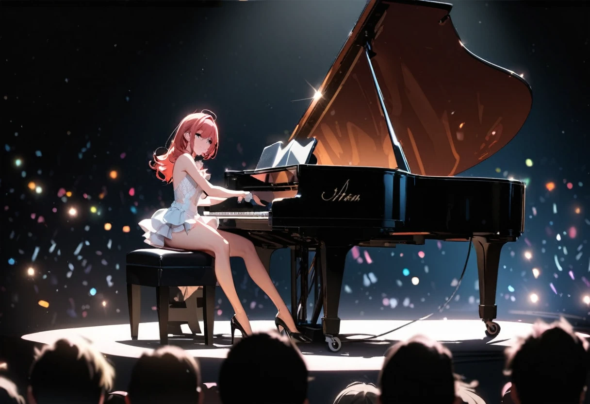professional photograph, concert, highly detailed face, gorgeous redhead pianist on stage, short sexy dress, gorgeous legs, pitch black background, spotlight shining on the pianist