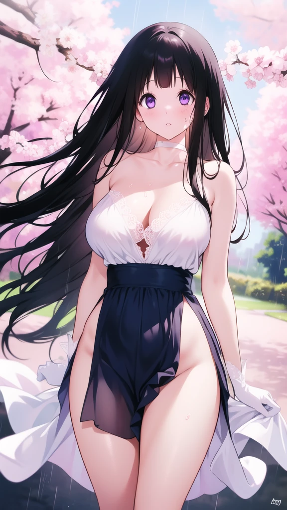 Amazing Chitanda, There is only one beautiful girl,Purple Eyes, Black Hair, Very red face,Very white skin,Glowing skin,Skin as delicate as porcelain,Naturally straight hair, Straight bangs,Extremely refined,Open lips,Long flowing hair,Beautiful Girl, Like a dream,Slim,Slim waist,Soft, (Sensual), (Kawaii), Dream quality,Beautiful big breasts,Sheer loose dress,Areola,Completely naked,Lower edge of breast,White gloves,Flower decoration,Deep V neckline,Loose neckline,White lace-up,Wide neckline,In school,The wind blows the hair,Place your hands on your inner thighs,Thighs clamp hands,Wet skin,Sweaty and sweaty,Sweating all over,it is raining,Next to the cherry blossom trees,Back to,Lean over,Hips,Side body,Gluteal groove,Completely naked的臀部,Bare back,Completely naked的背部,Light transmission,(no pants),nopan,pussy juice,Bare shoulders,There are no shoulder straps,Bare neck,Exposed collarbone,Exposing breasts,Exposing breasts侧面,Exposing breasts下面,Show your waist,Show your buttocks,Show your thighs,Exposing the groin,(No pants),extremely shy,Ultra-high resolution, (masterpiece:1.2, best quality), (Delicate and beautiful eyes: 1.2), (Beautiful and delicate face)