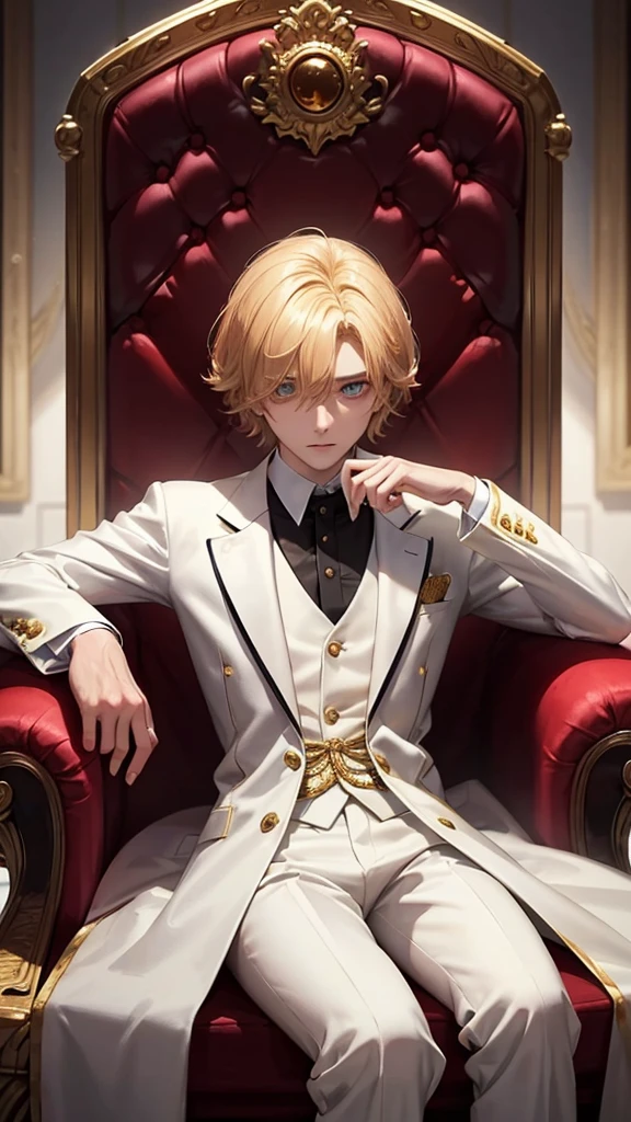 With short golden hair，The hair is on the back，Eyes jewel colored，There is still hatred in his eyes，Wearing a white suit is very elegant，The boy sitting on the throne, covered in blood and full of hatred