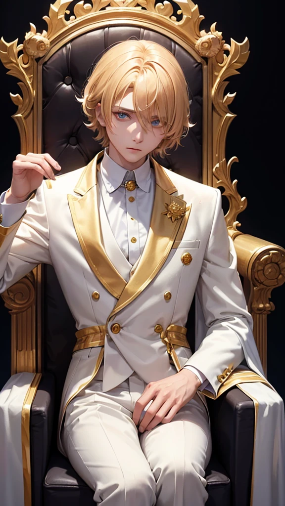 With short golden hair，The hair is on the back，Eyes jewel colored，There is still hatred in his eyes，Wearing a white suit is very elegant，The boy sitting on the throne, covered in blood and full of hatred