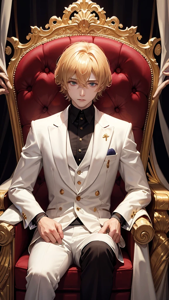 With short golden hair,The hair is on the back,Eyes jewel colored,There is still hatred in his eyes,Wearing a white suit is very elegant,The boy sitting on the throne, covered in blood and full of hatred