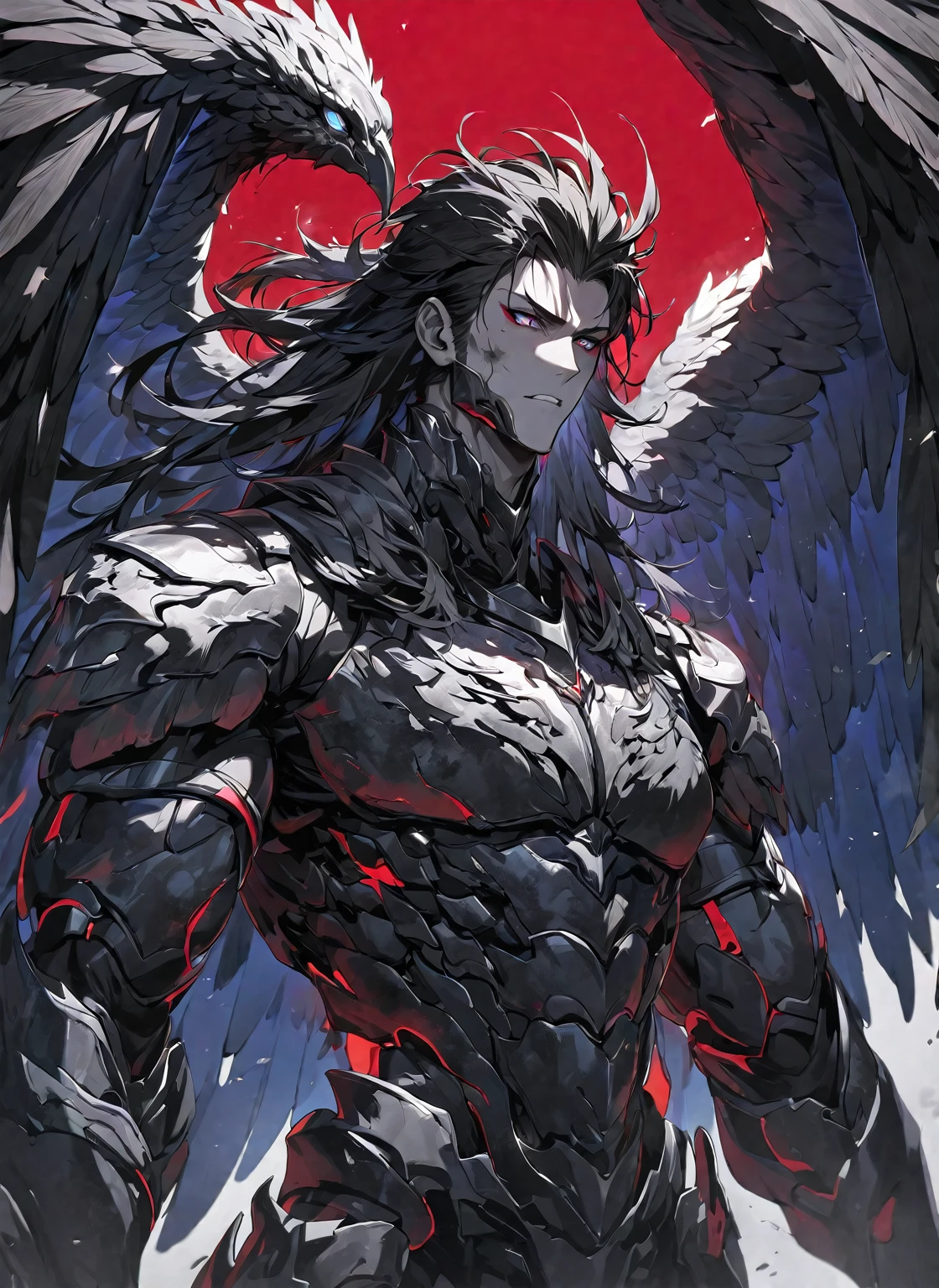Best quality, One, beautiful, 1 man, tall man, with a sporty body, V-shaped body, wide shoulders, black detailed armor with bright white details, 15 black feathered wings, long hair, Black hair covered with dirt and Charcoals, neon white pupils (white eyes), against the background Black miasma with shades of red